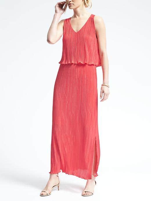 Banana Republic Womens Layered Pleat Maxi Dress - Bright Coral