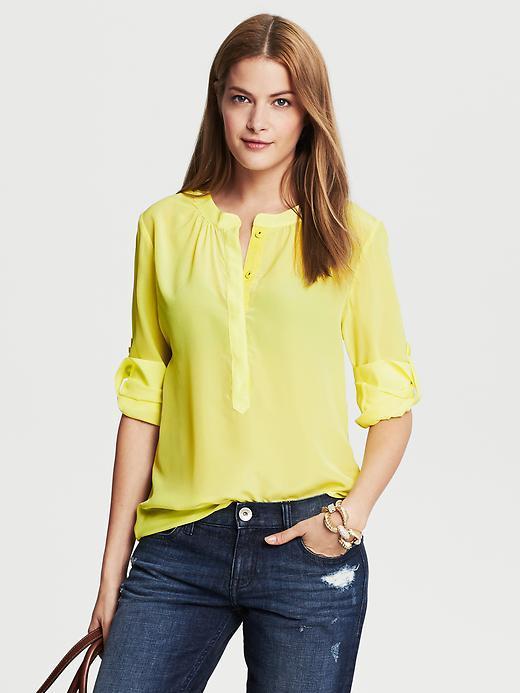 Banana Republic Silk Snap Front Blouse - Deep Neon Yellow