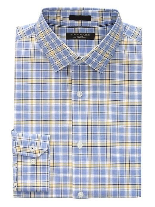 Banana Republic Mens Camden Standard-fit Non-iron Plaid Shirt Damselfish Blue Size Xxs