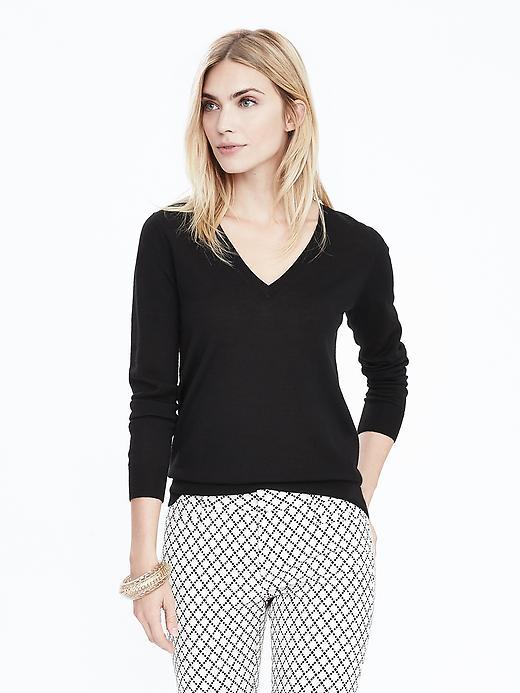 Banana Republic Womens Extra Fine Merino Wool Pointelle Vee Pullover Size L - Black