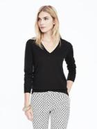 Banana Republic Womens Extra Fine Merino Wool Pointelle Vee Pullover Size L - Black