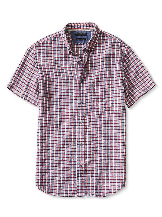 Banana Republic Mens Checkered Linen Short Sleeve Shirt Size L Tall - Holly Berry