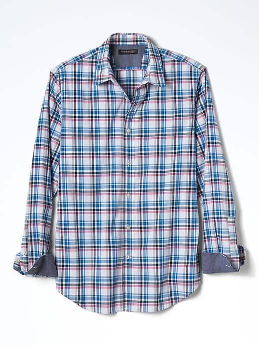 Banana Republic Mens Camden Fit Custom Wash Plaid Shirt - Winter Blues