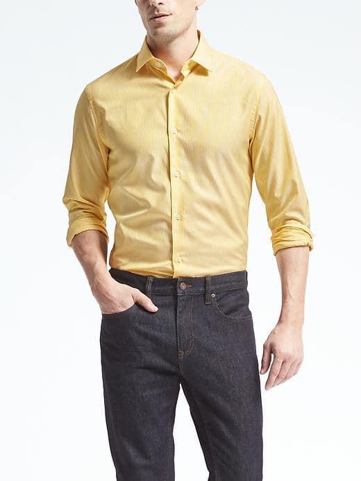Banana Republic Mens Grant Fit Supima Cotton Micro Stripe Shirt - Kayak Yellow Heather