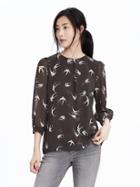 Banana Republic Swallow Print Blouse Size L Petite - Undertone Gray