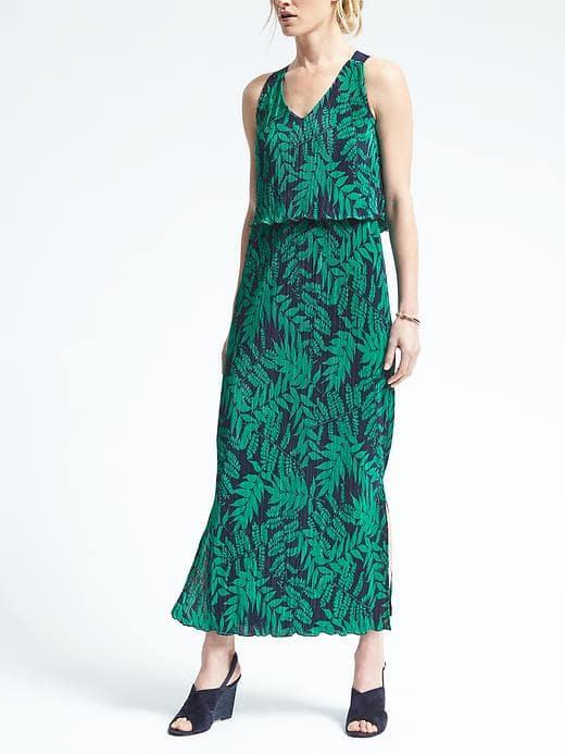Banana Republic Womens Fern Print Layered Pleat Maxi Dress - Fern Print