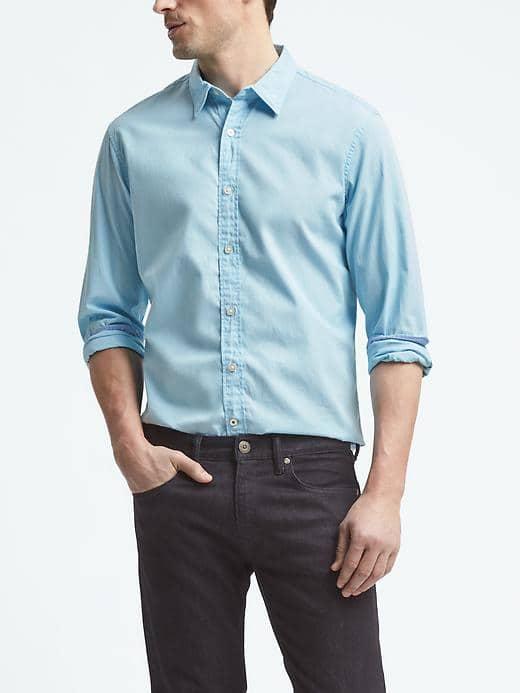 Banana Republic Mens Camden Fit Custom Wash Micro Stripe Shirt - Downpour Blue