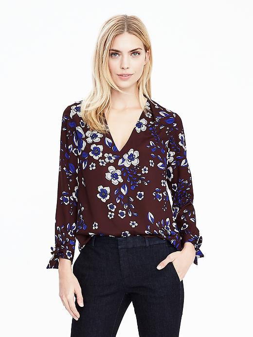 Banana Republic Womens Tie Cuff Blouse Size L - Bordeaux Kiss