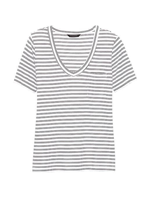 Banana Republic Womens Supima Cotton Pocket V-neck T-shirt White & Gray Stripe Size L
