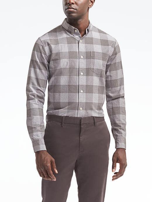 Banana Republic Mens Camden Fit Cotton Stretch Check Oxford Shirt - Heather Gray