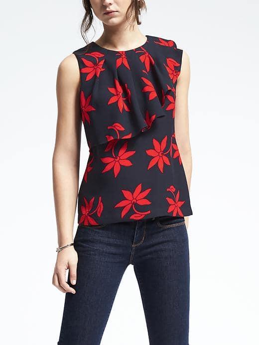 Banana Republic Womens Sleeveless Asymmetrical Shoulder Print Blouse - Dark Night