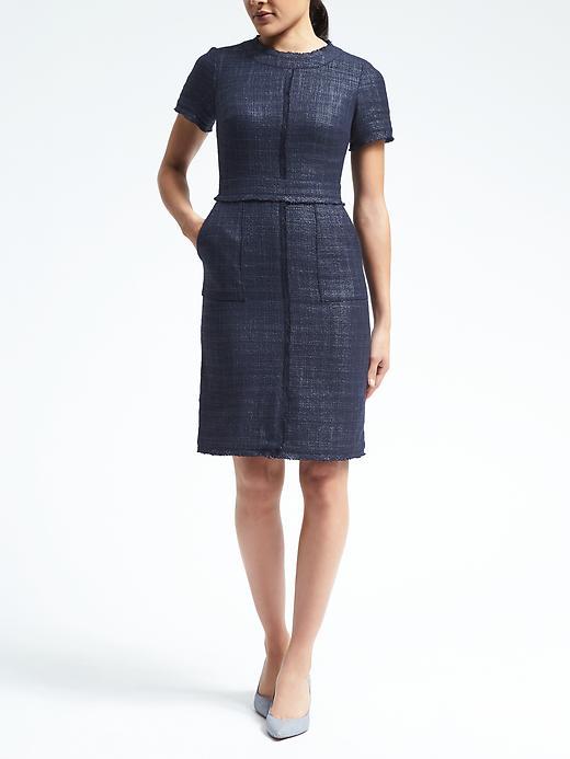 Banana Republic Womens Short Sleeve Frayed Edge Tweed Dress - Navy
