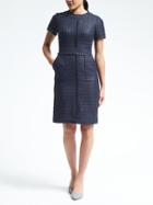 Banana Republic Womens Short Sleeve Frayed Edge Tweed Dress - Navy