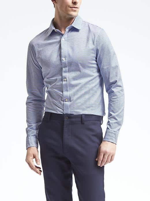 Banana Republic Mens Performance Stripe Pique Shirt - Glacier Blue