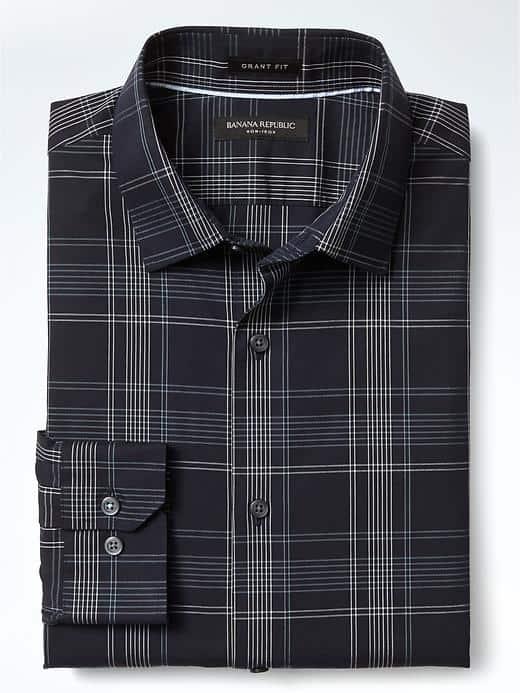 Banana Republic Mens Grant Fit Non Iron Plaid Shirt - Navy