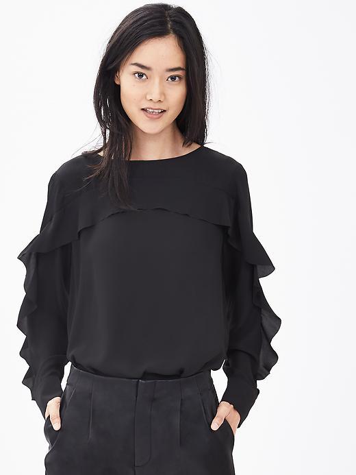 Banana Republic Ruffle Front Blouse Size L Petite - Black
