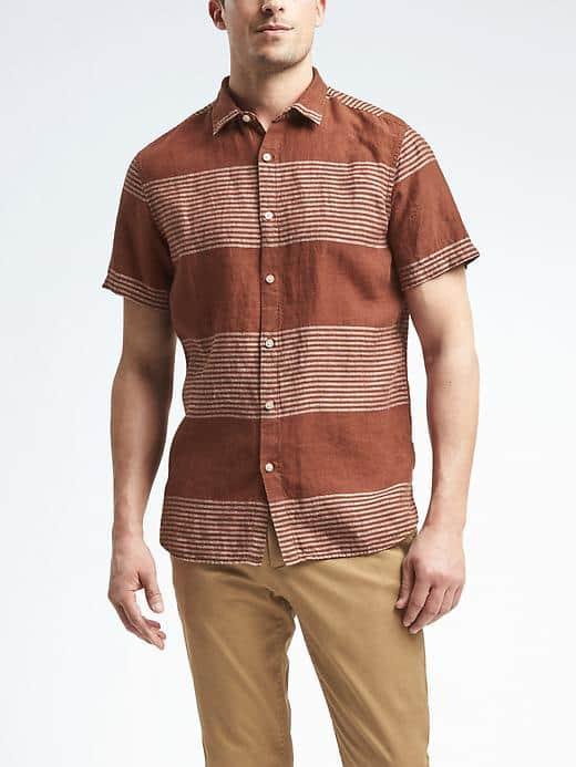 Banana Republic Mens Camden Fit Block Stripe Linen Short Sleeve Shirt - Muir Wood