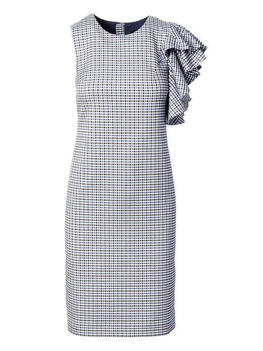 Banana Republic Womens Ruffled Shoulder Sheath Dress - Blue & Black Gingham