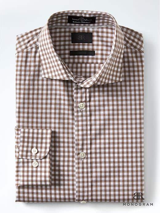 Banana Republic Mens Monogram Dobby Gingham Shirt - Camel