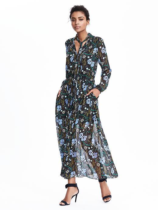 Banana Republic Womens Tie Neck Maxi Shirtdress Size L - Moonless Night