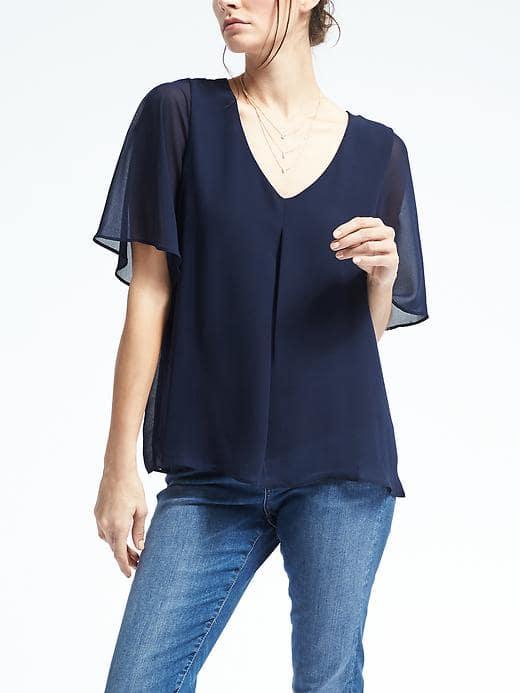 Banana Republic Womens Short Sleeve Pleated Neckline Blouse - Dark Night
