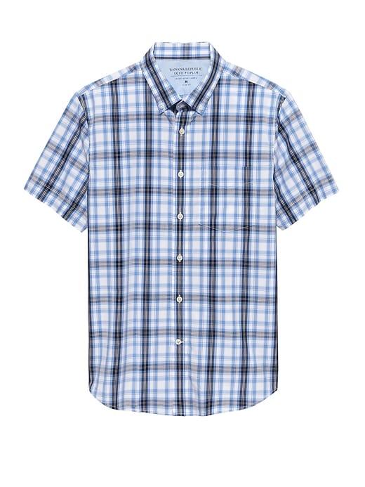 Banana Republic Mens Grant Slim-fit Luxe Poplin Short-sleeve Plaid Shirt Comet Blue Size Xs