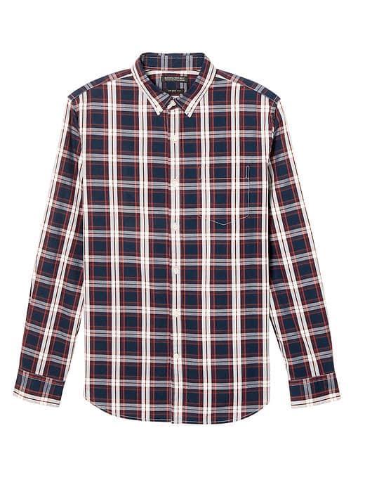 Banana Republic Mens Grant Slim Fit Cotton Stretch Plaid Oxford Shirt - Orange Lava