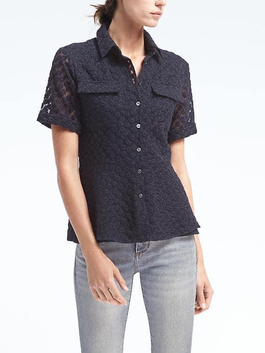Banana Republic Womens Embroidered Floral Peplum Shirt - Navy
