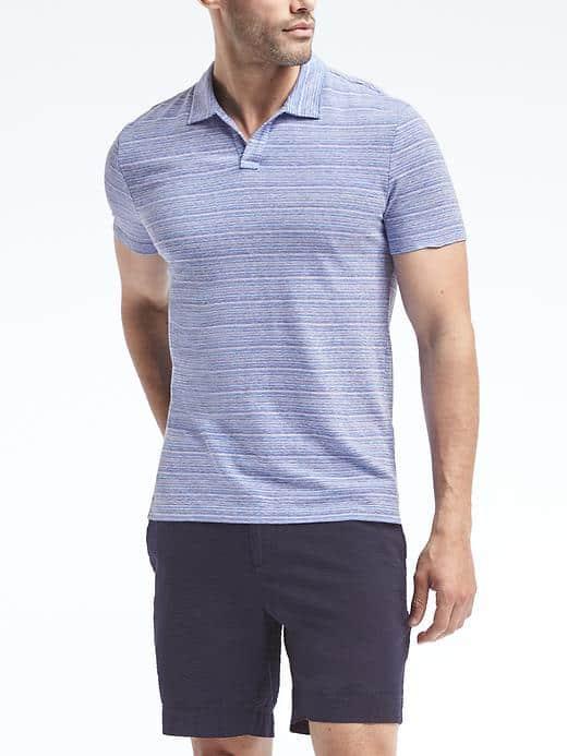Banana Republic Slim Pique Cotton Linen Stripe Polo - Harbor Blue