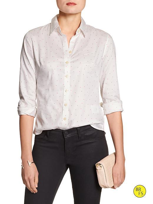 Banana Republic Womens Factory Non Iron Poplin Dress Shirt Size 0 Petite - White And Pink Print