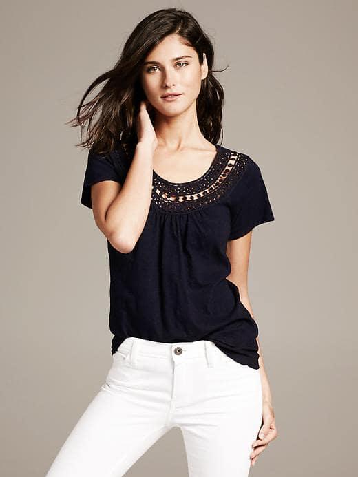 Banana Republic Crochet Trim Tee - Navy