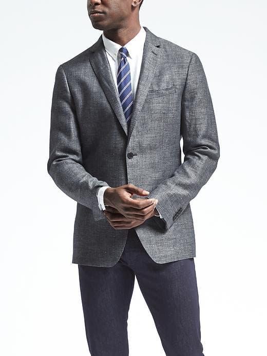 Banana Republic Mens Slim Charcoal Herringbone Linen Blazer - Navy/charcoal
