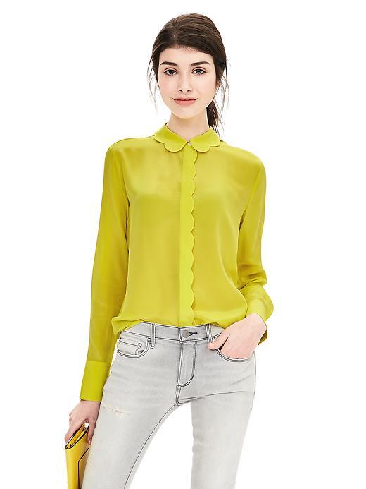 Banana Republic Womens Scalloped Silk Blouse Size L - Sunny Day Green