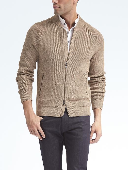 Banana Republic Mens Supima Bomber Sweater Jacket - Tan