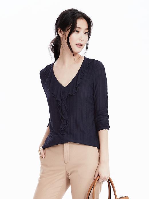 Banana Republic Womens Long Sleeve Romantic Ruffle Top Size L - Preppy Navy