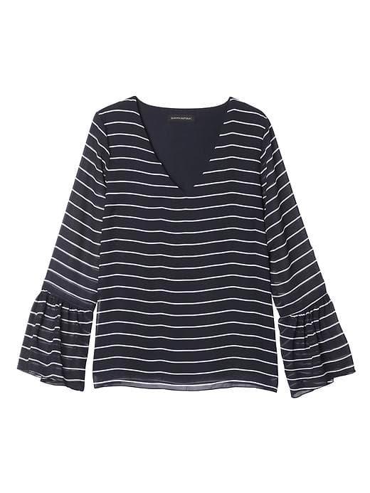 Banana Republic Womens Stripe Sheer Overlay Bell Sleeve Top - Blue Stripe