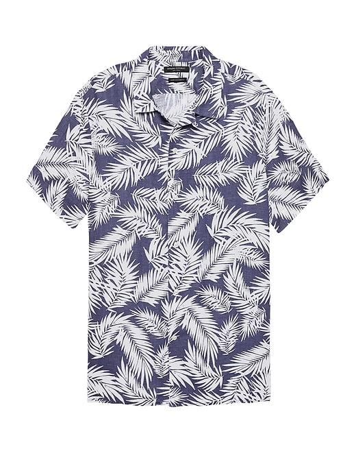 Banana Republic Mens Camden Standard-fit Linen Palm Print Camp Shirt Navy Size L