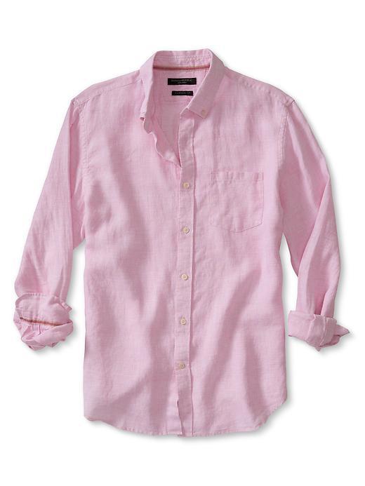 Banana Republic Mens Camden Fit Solid Linen Shirt Size L Tall - Pink