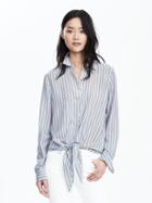 Banana Republic Stripe Drapey Tie Front Shirt Size L Petite - Bold Blue Stripe
