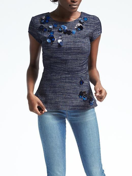 Banana Republic Short Sleeve Embellished Peplum Shirt - Navy