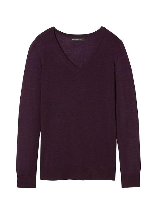 Banana Republic Womens Petite Machine-washable Merino V-neck Sweater Burgundy Size M