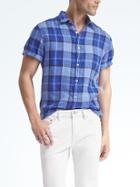 Banana Republic Mens Camden Fit Multi Check Linen Short Sleeve Shirt - Mantego Bay