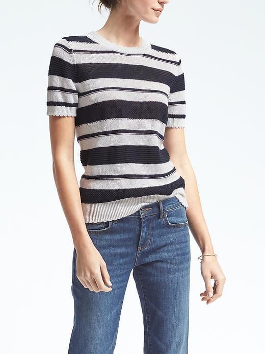 Banana Republic Womens Stripe Italian Linen Short Sleeve Pullover - Navy
