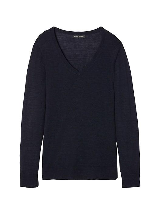 Banana Republic Womens Petite Machine-washable Merino V-neck Sweater Navy Size Xs