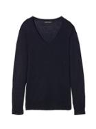 Banana Republic Womens Petite Machine-washable Merino V-neck Sweater Navy Size Xs