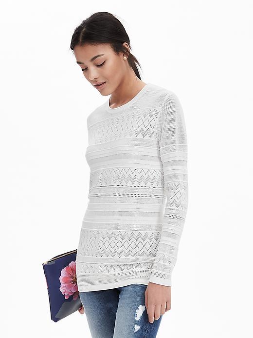 Banana Republic Womens Pointelle Stripe Pullover Sweater Size L - White