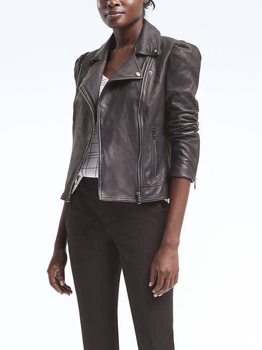 Banana Republic Womens Puff Sleeve Leather Moto Jacket - Pacific Navy