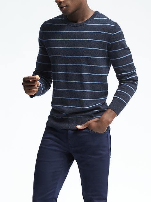 Banana Republic Mens Stripe Cashmere Crew Pullover - Denim Heather