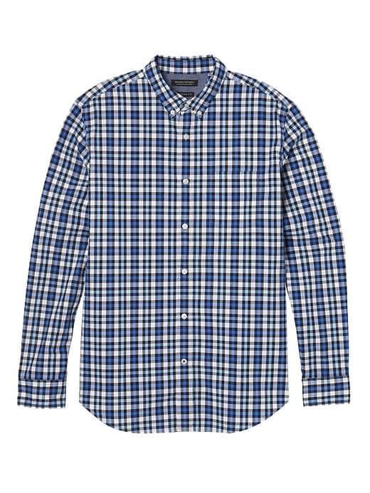 Banana Republic Mens Camden Standard Fit Custom Wash Gingham Shirt - Riviera Blue