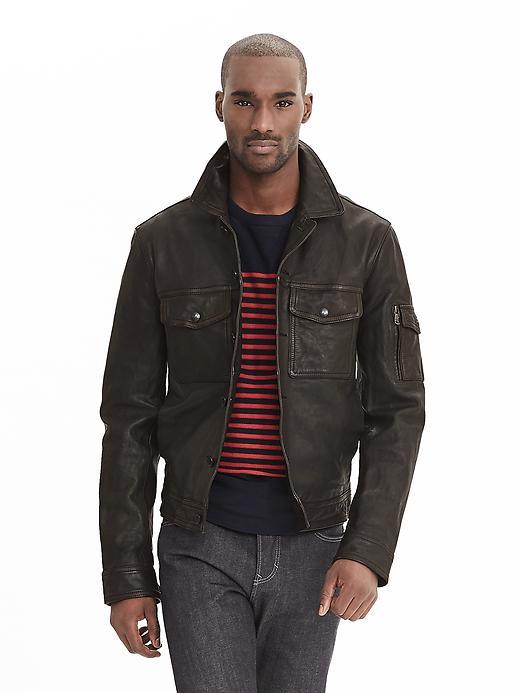 Banana Republic Mens Washed Genuine Leather Moto Jacket Size L - Washed Stone/black